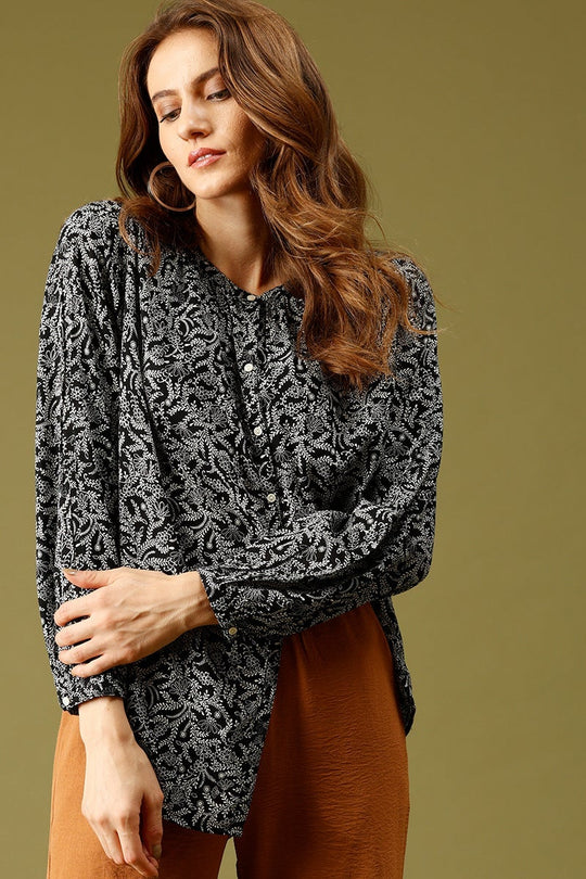 Black Medium Length Round Neck Printed Rayon Shirt