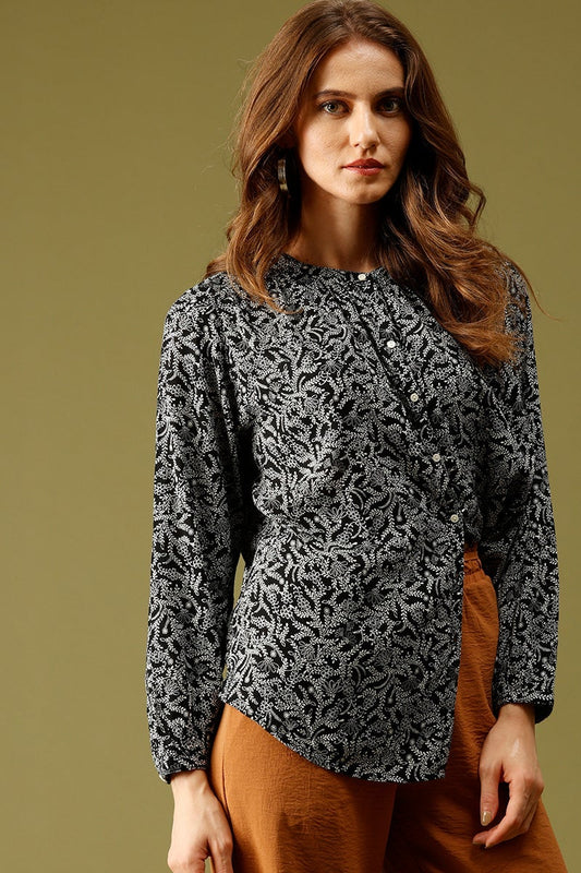Black Medium Length Round Neck Printed Rayon Shirt
