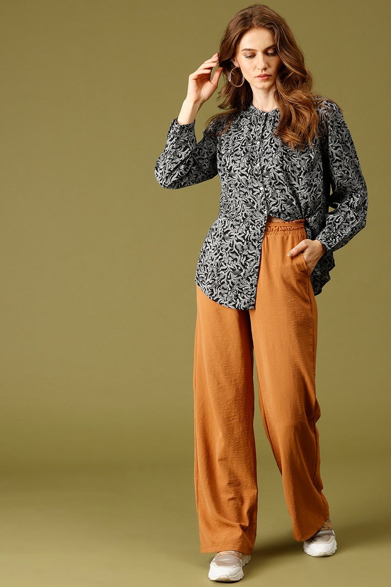 Black Medium Length Round Neck Printed Rayon Shirt