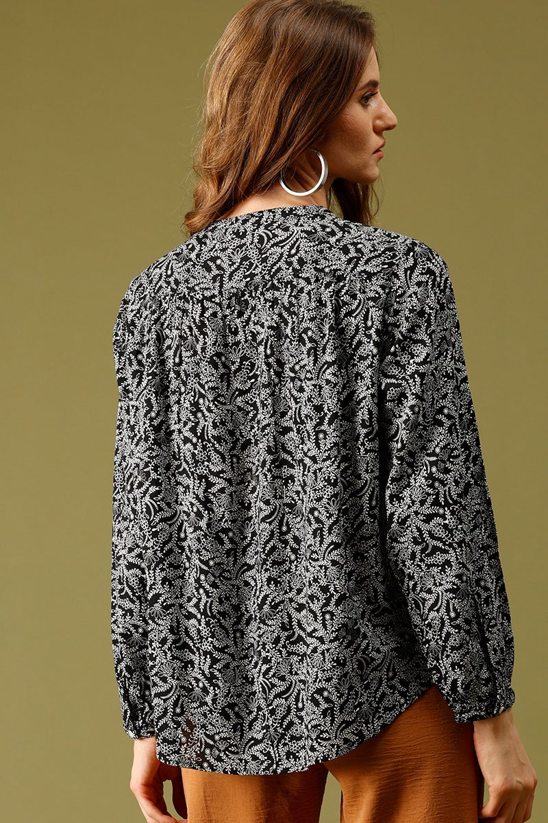 Black Medium Length Round Neck Printed Rayon Shirt