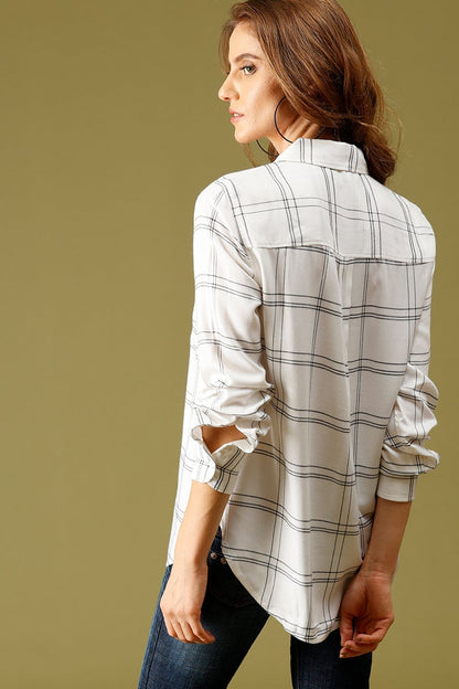 White Medium Length Shirt Collar Stripes Rayon Shirt