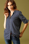 Navy Blue Medium Length Shirt Collar Stripes Rayon Shirt