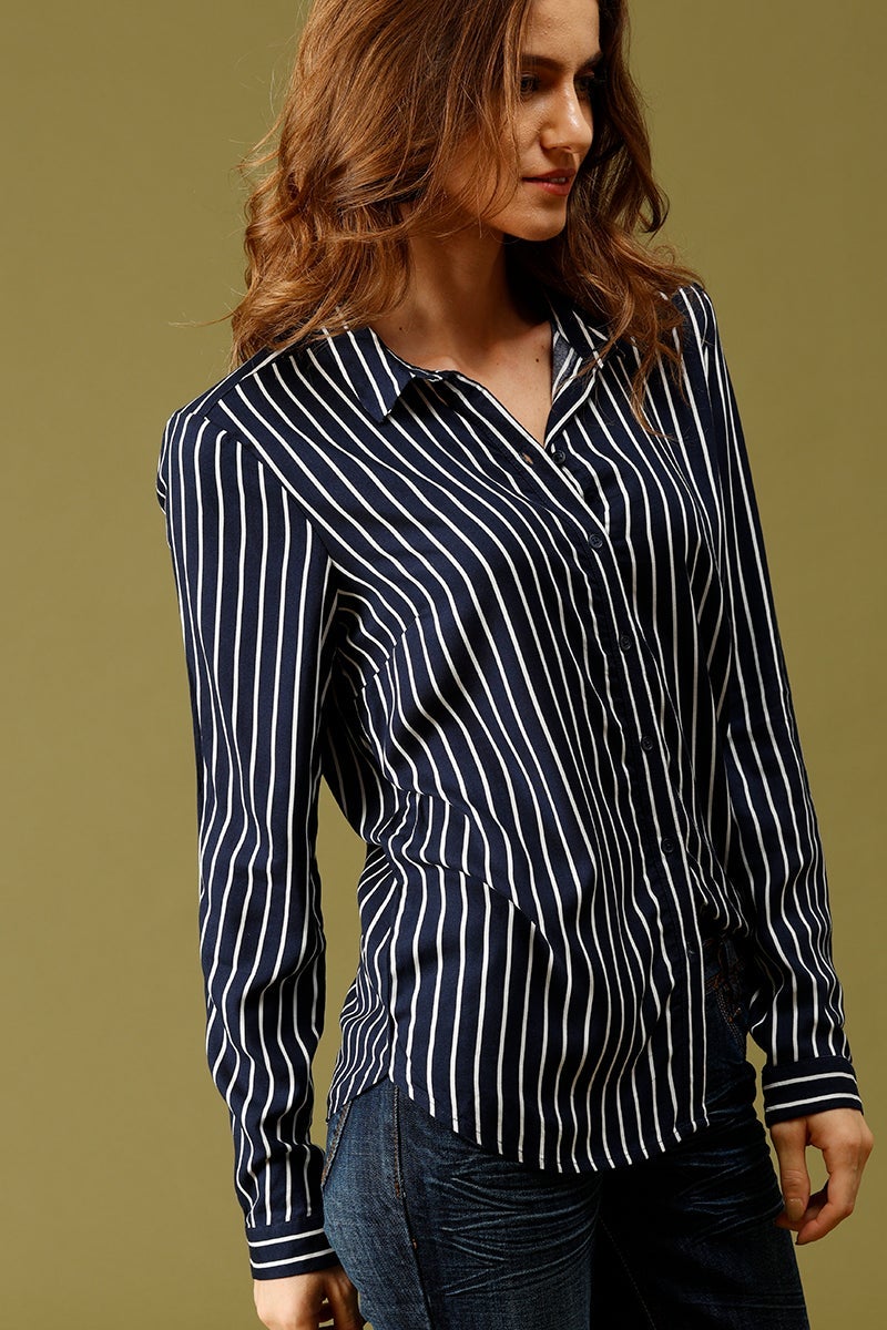 Navy Blue Medium Length Shirt Collar Stripes Rayon Shirt