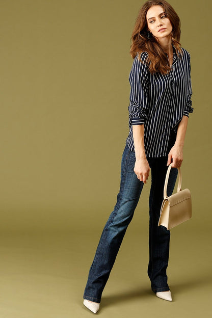 Navy Blue Medium Length Shirt Collar Stripes Rayon Shirt