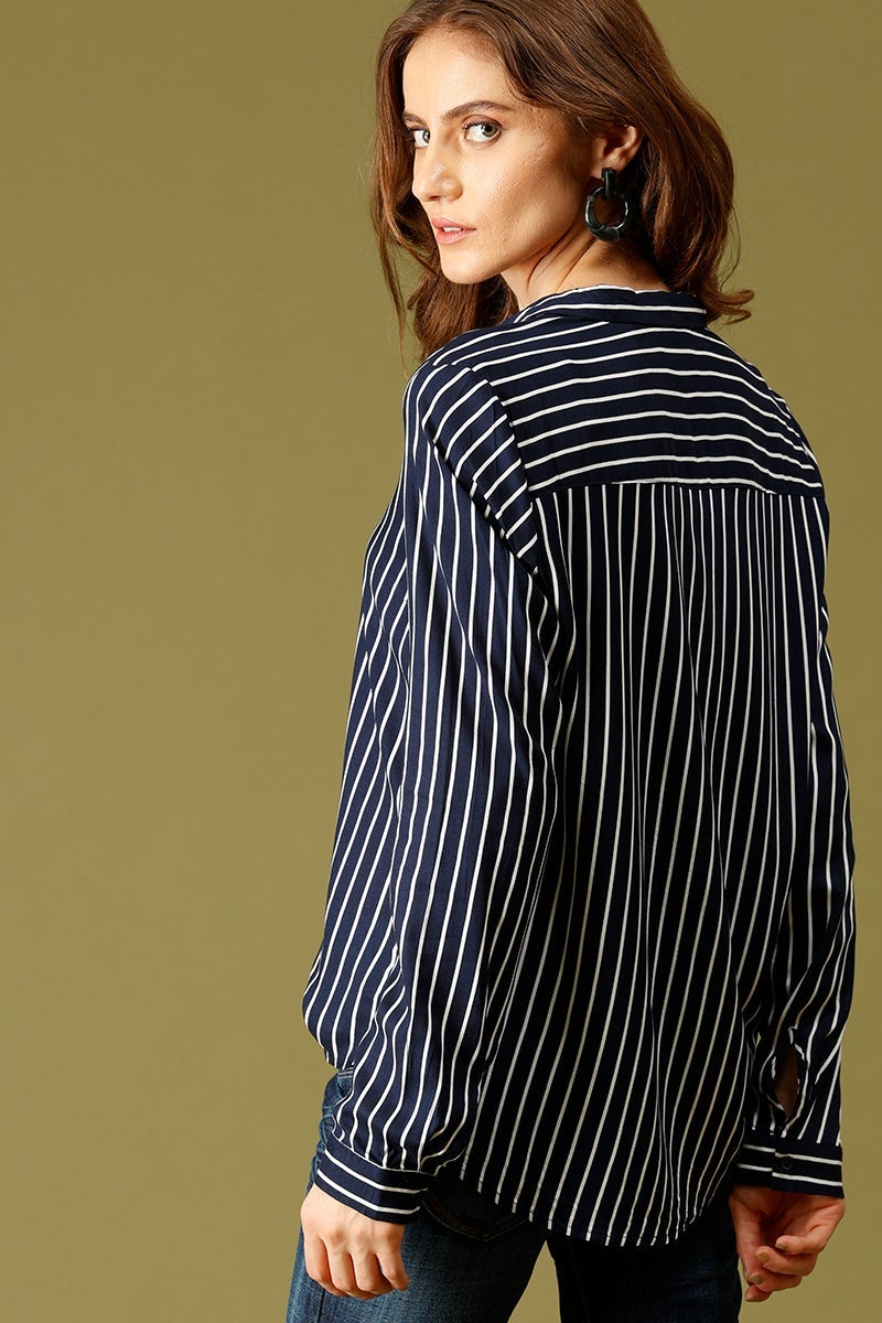 Navy Blue Medium Length Shirt Collar Stripes Rayon Shirt