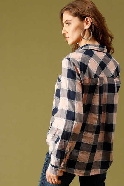 Pink Medium Length Shirt Collar Checked Cotton Shirt