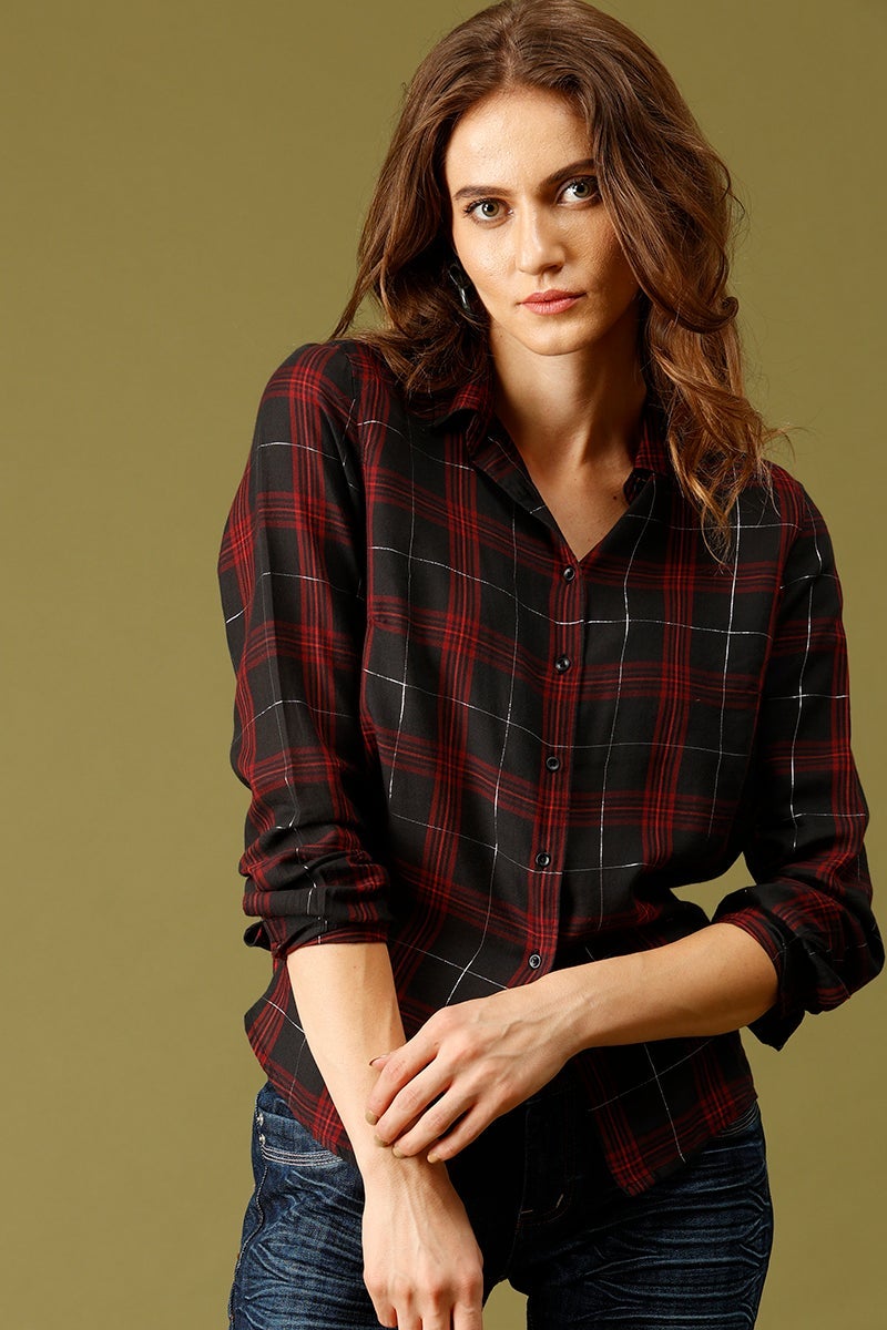 Red Medium Length Shirt Collar Checked Cotton Shirt