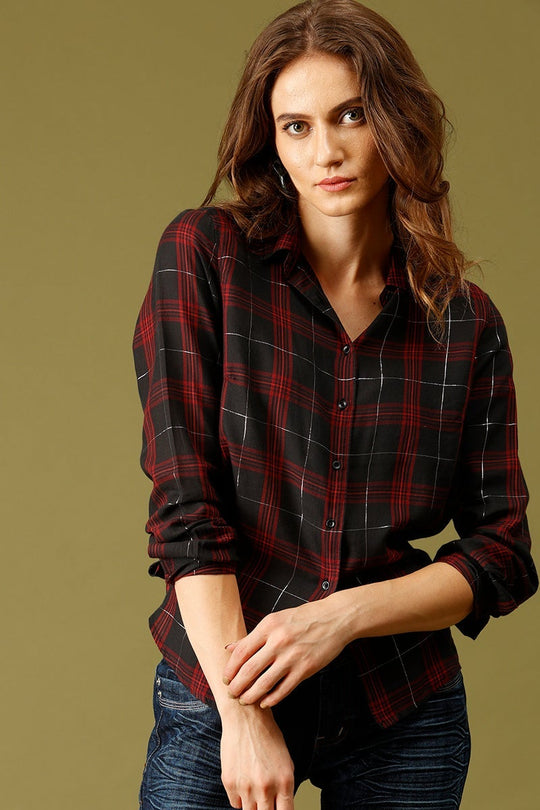 Red Medium Length Shirt Collar Checked Cotton Shirt