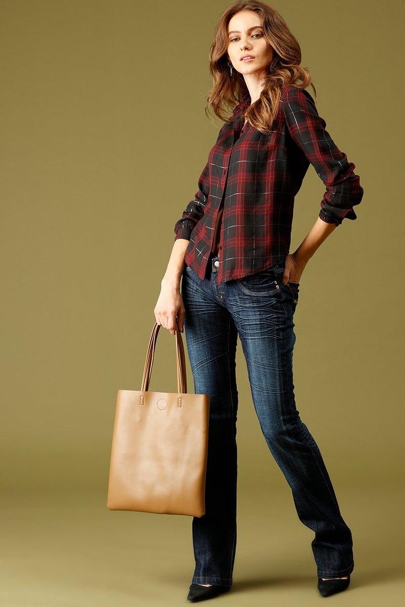 Red Medium Length Shirt Collar Checked Cotton Shirt