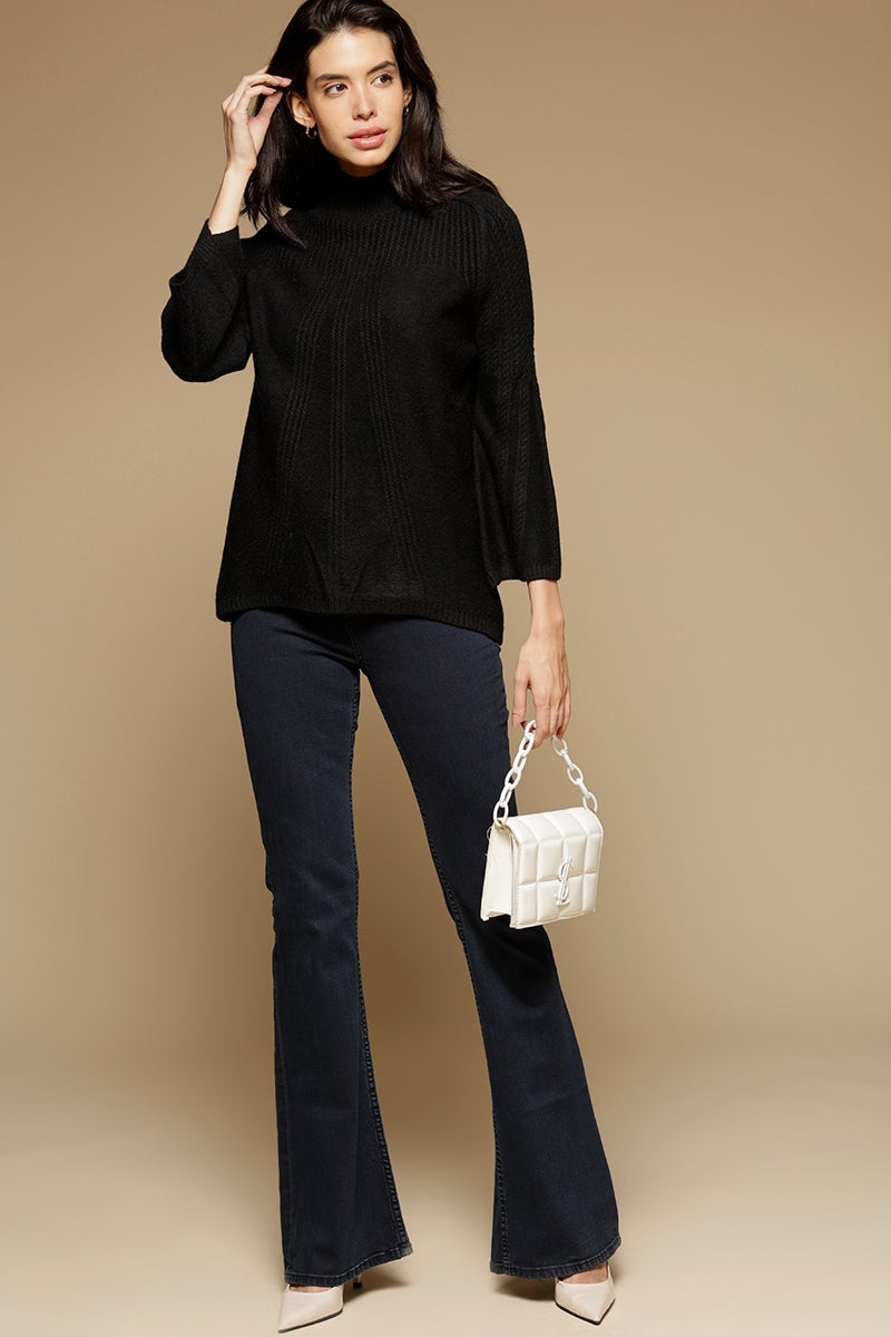 Black Medium Length Long Sleeves Round Neck Acrylic Solid Sweater