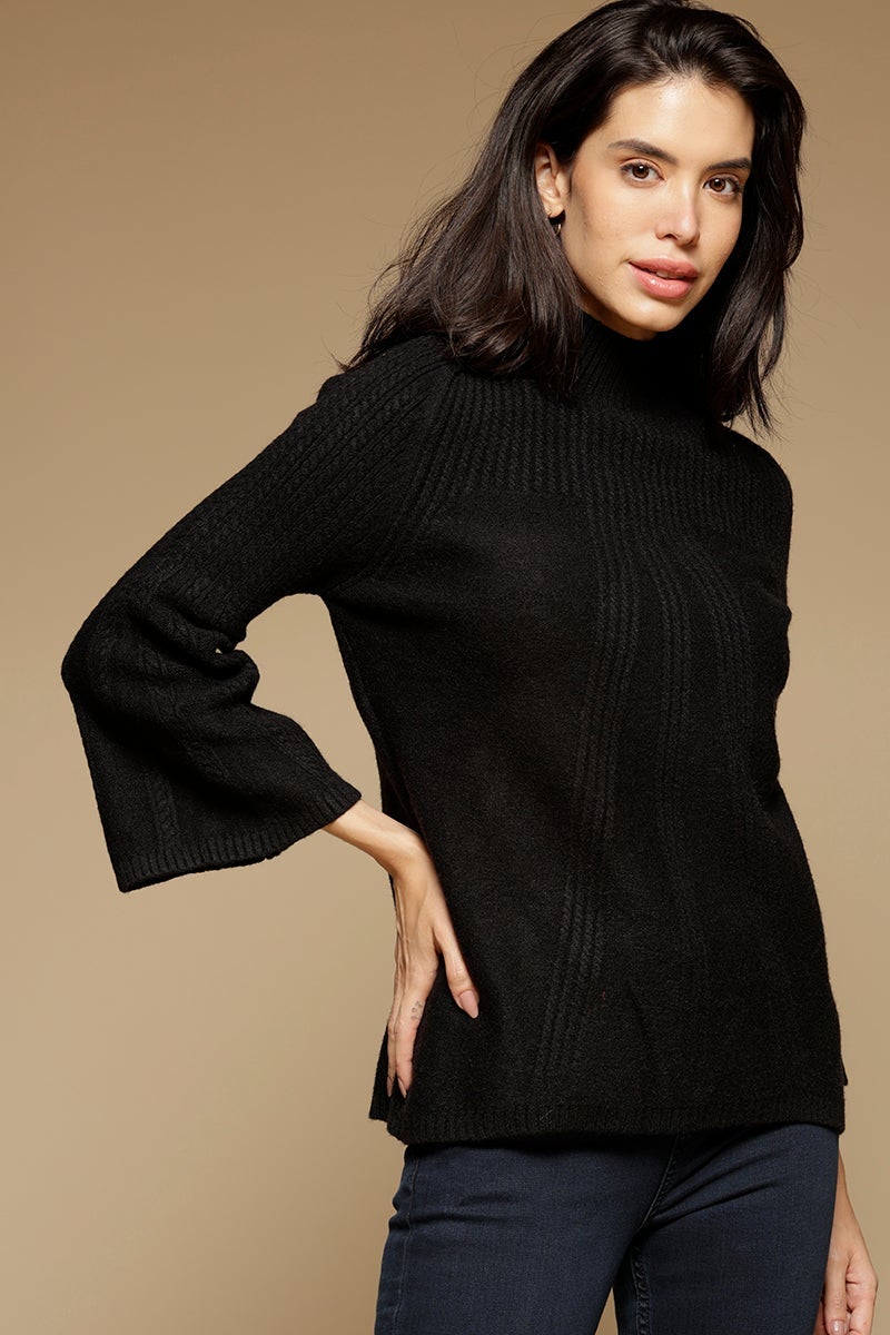 Black Medium Length Long Sleeves Round Neck Acrylic Solid Sweater