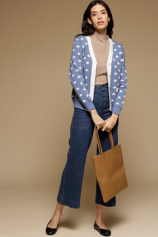Blue Medium Length Long Sleeves V-Neck Acrylic Printed Sweater