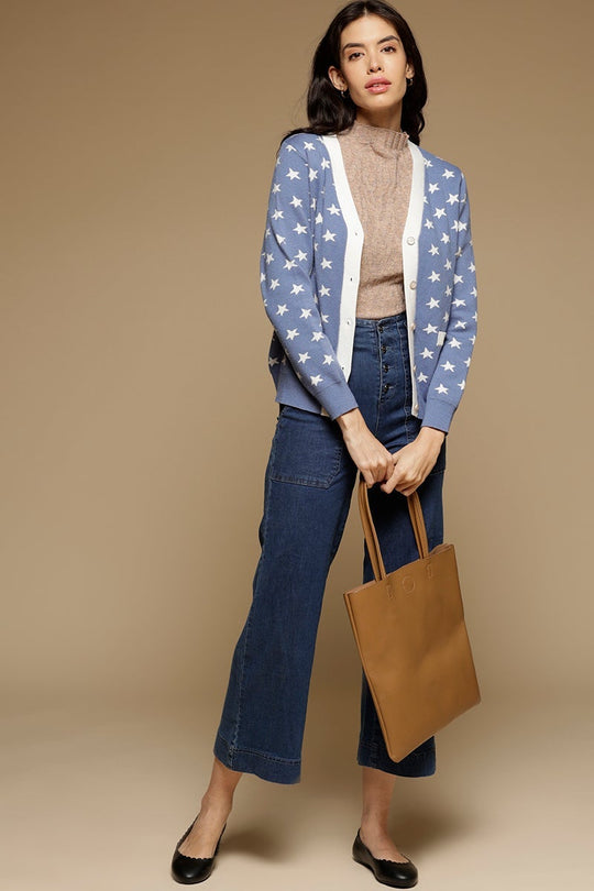 Blue Medium Length Long Sleeves V-Neck Acrylic Printed Sweater