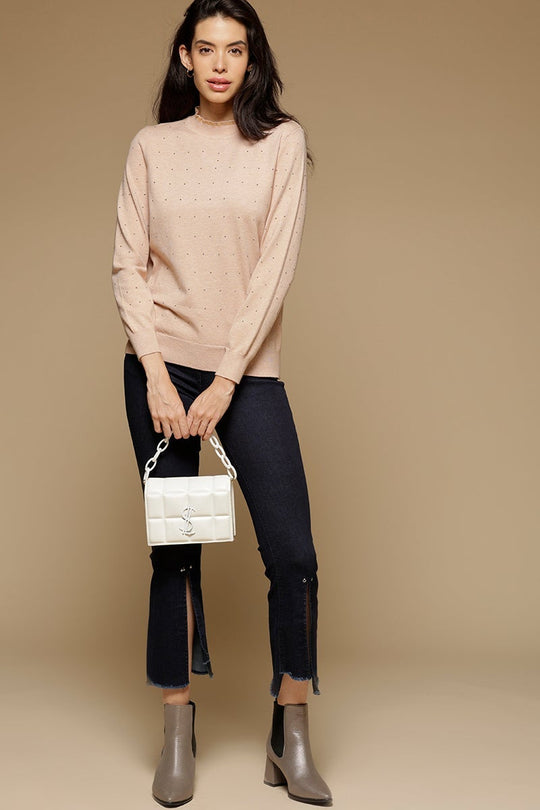 Baby Pink Medium Length Long Sleeves Round Neck Acrylic Solid Sweater