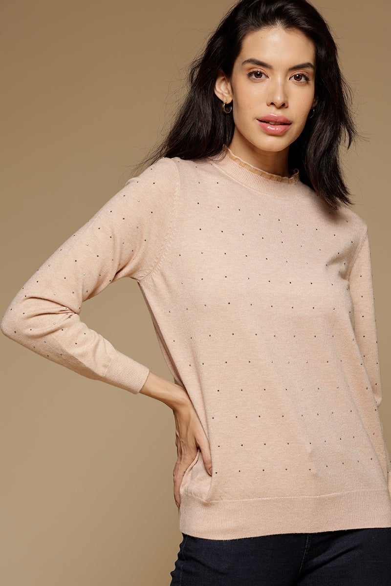 Baby Pink Medium Length Long Sleeves Round Neck Acrylic Solid Sweater