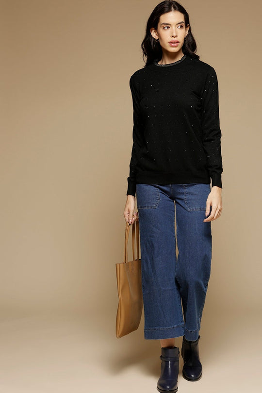 Black Medium Length Long Sleeves Round Neck Acrylic Solid Sweater