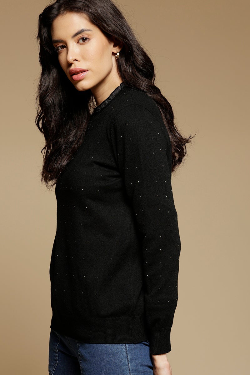 Black Medium Length Long Sleeves Round Neck Acrylic Solid Sweater