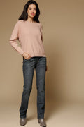 Baby Pink Medium Length Long Sleeves Boat Neck Acrylic Solid Sweater