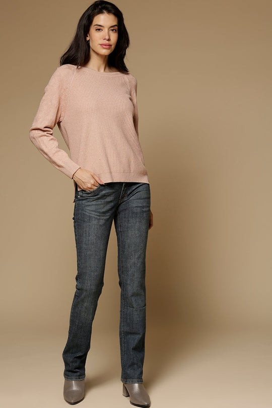 Baby Pink Medium Length Long Sleeves Boat Neck Acrylic Solid Sweater