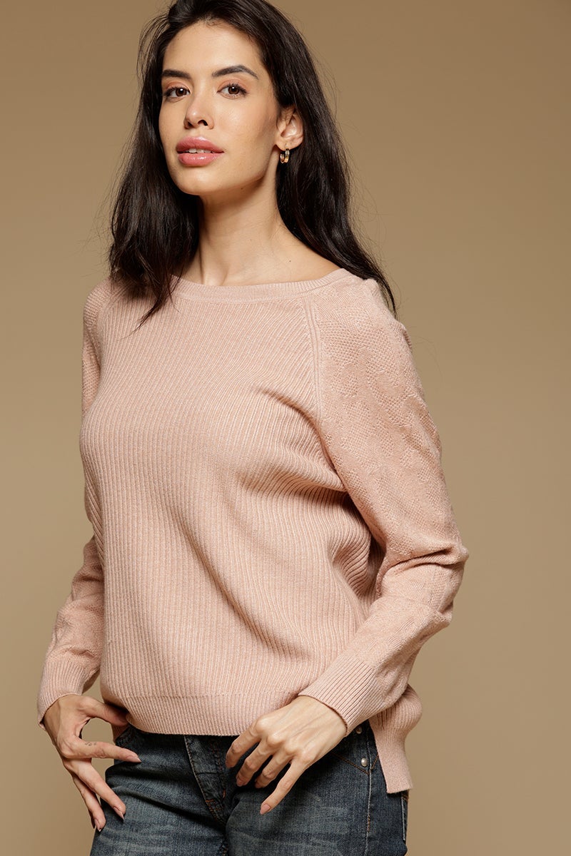 Baby Pink Medium Length Long Sleeves Boat Neck Acrylic Solid Sweater
