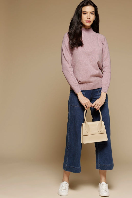 Purple Medium Length Long Sleeves Round Neck Acrylic Solid Sweater