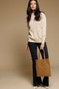 Beige Medium Length Long Sleeves Round Neck Acrylic Solid Sweater