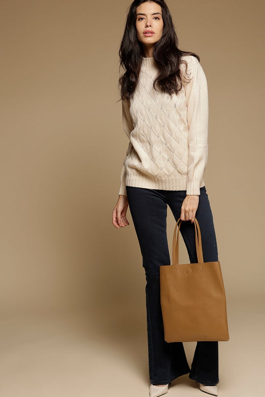 Beige Medium Length Long Sleeves Round Neck Acrylic Solid Sweater