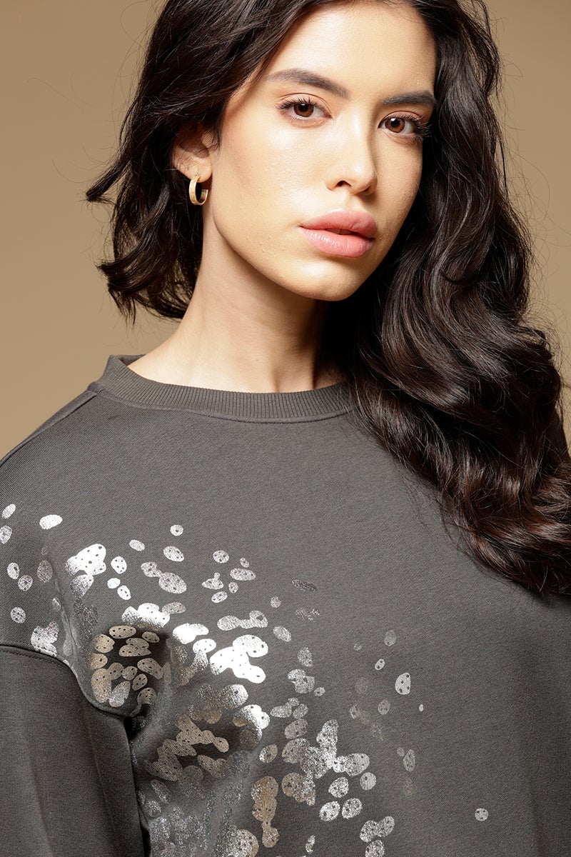 Dark Grey Regular Length Long Sleeves Round Neck PolyCotton SweatShirt