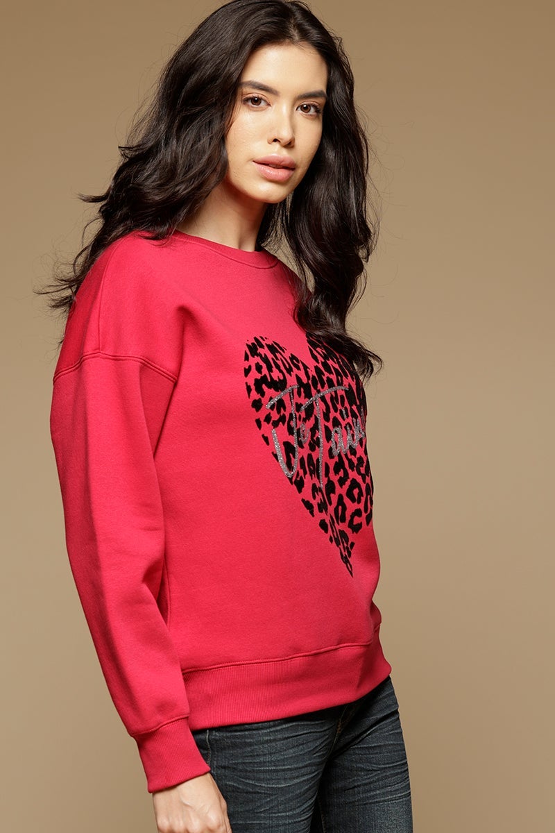 Electric Magenta Regular Length Long Sleeves Round Neck PolyCotton SweatShirt