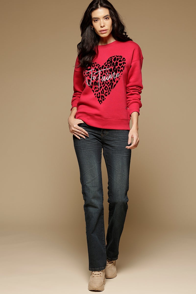 Electric Magenta Regular Length Long Sleeves Round Neck PolyCotton SweatShirt