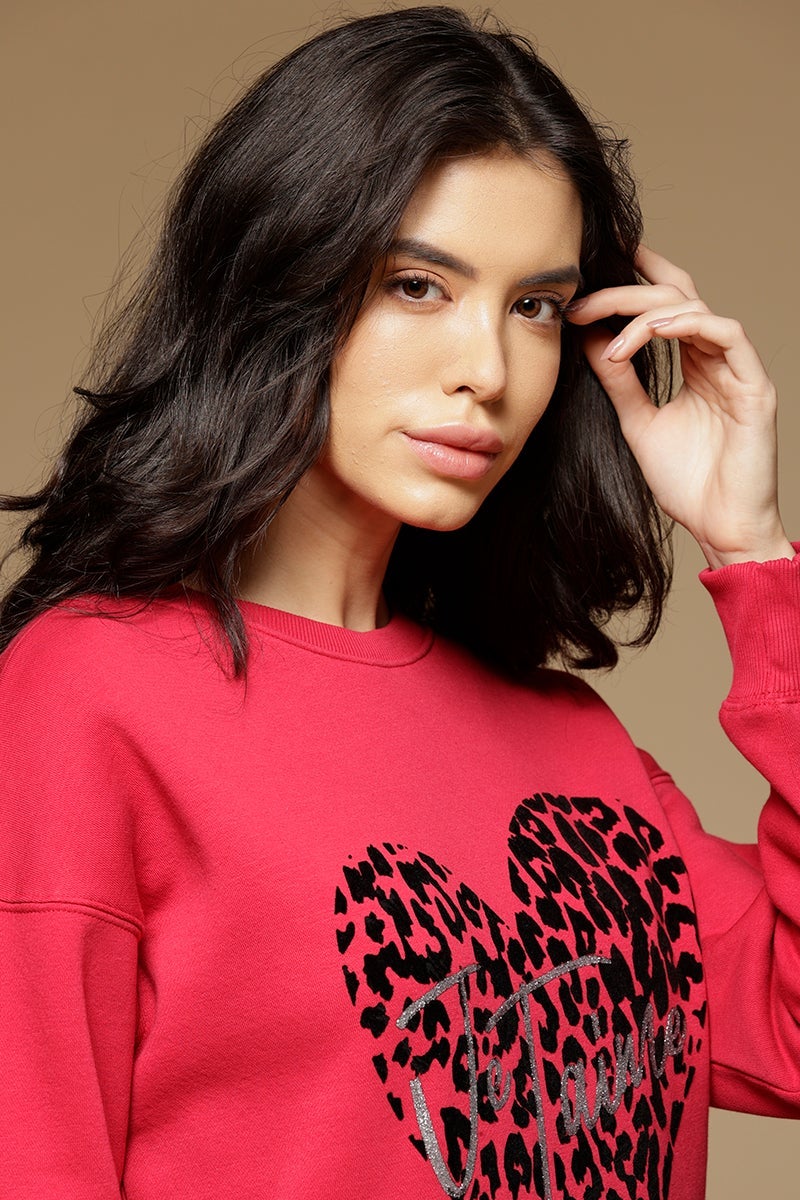 Electric Magenta Regular Length Long Sleeves Round Neck PolyCotton SweatShirt