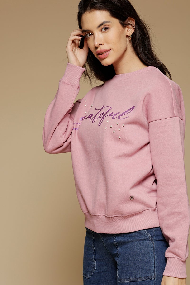 Onion Pink Regular Length Long Sleeves Round Neck Polycotton Sweatshirt