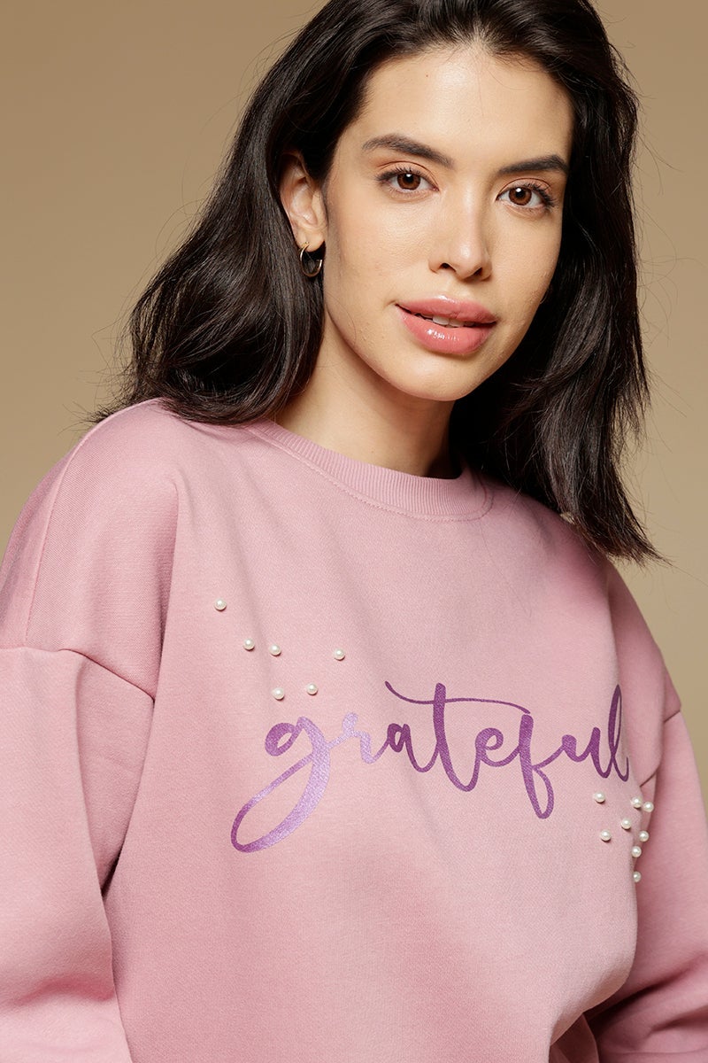 Onion Pink Regular Length Long Sleeves Round Neck Polycotton Sweatshirt