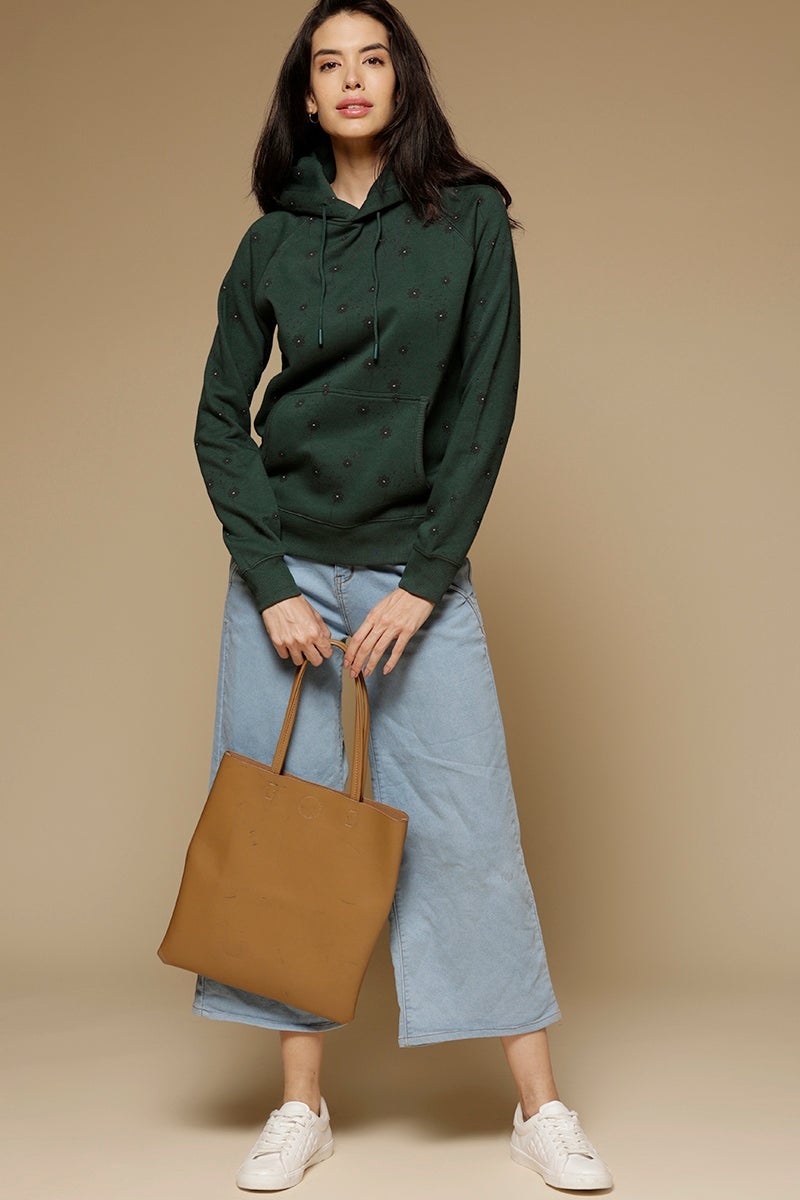 Dark Green Regular Length Long Sleeves PolyCotton Hoodies SweatShirt