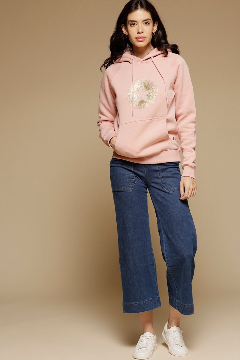Putty Pink Regular Length Long Sleeves PolyCotton Hoodies Sweatshirt
