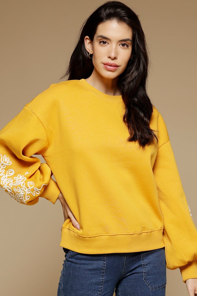 Mustard Regular Length Long Sleeves Round Neck Polycotton Sweatshirt