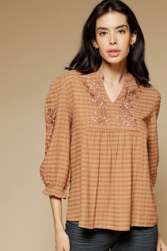 Copper Medium Length Mandarin Collar 3/4th Sleeves Cotton Tunic