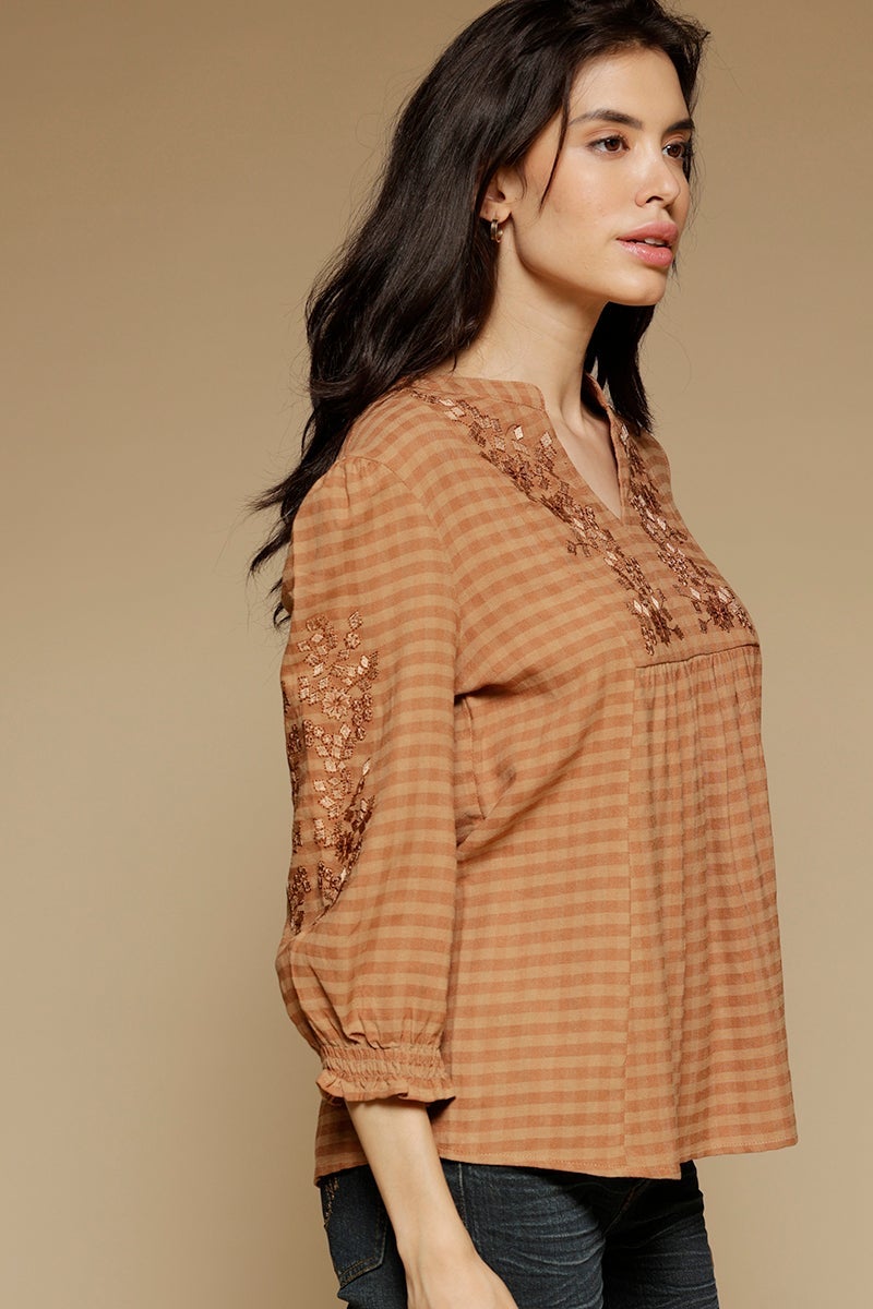 Copper Medium Length Mandarin Collar 3/4th Sleeves Cotton Tunic
