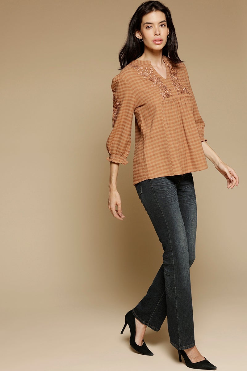 Copper Medium Length Mandarin Collar 3/4th Sleeves Cotton Tunic