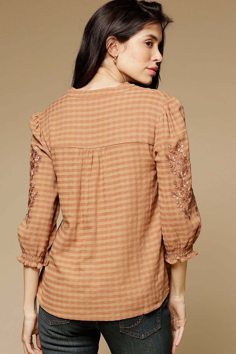 Copper Medium Length Mandarin Collar 3/4th Sleeves Cotton Tunic