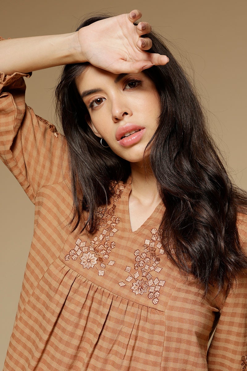 Copper Medium Length Mandarin Collar 3/4th Sleeves Cotton Tunic