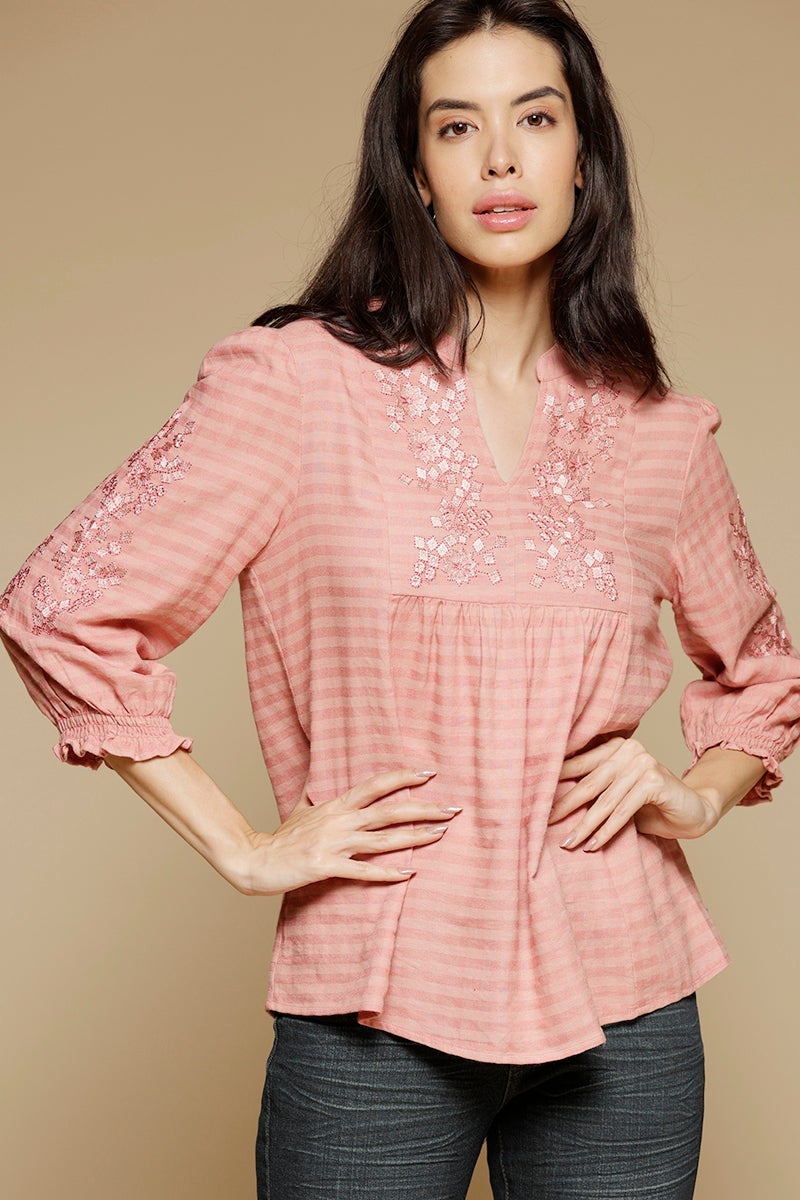 Dusky Pink Medium Length Mandarin Collar 3/4th Sleeves Cotton Tunic