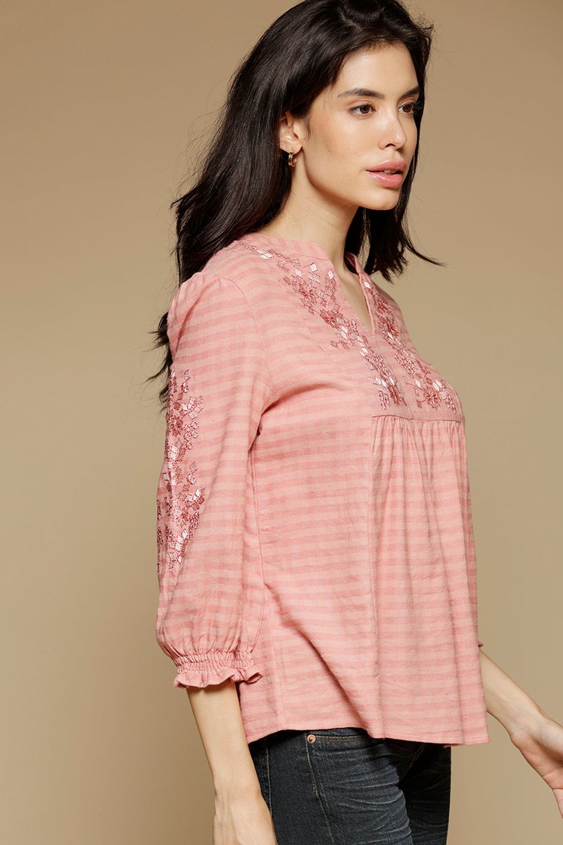 Dusky Pink Medium Length Mandarin Collar 3/4th Sleeves Cotton Tunic