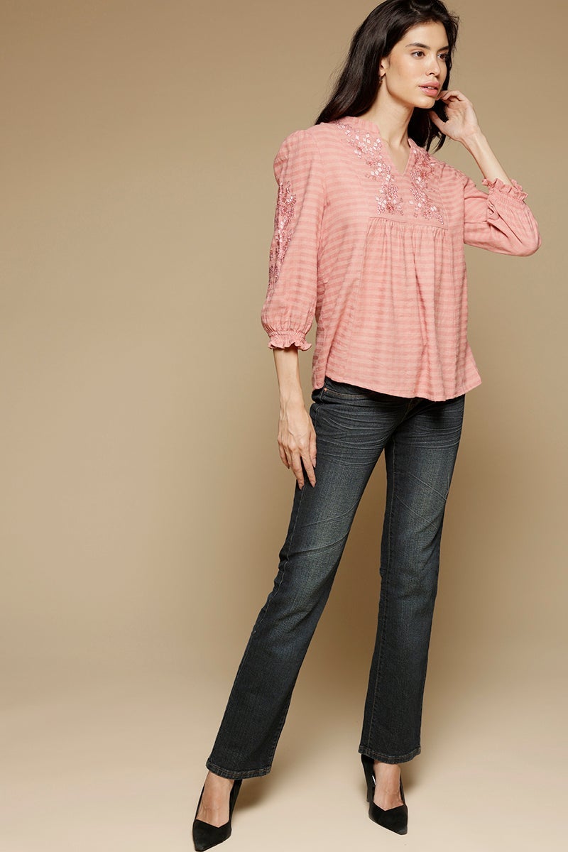 Dusky Pink Medium Length Mandarin Collar 3/4th Sleeves Cotton Tunic