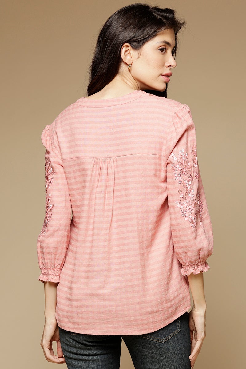 Dusky Pink Medium Length Mandarin Collar 3/4th Sleeves Cotton Tunic