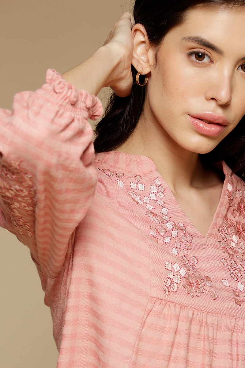 Dusky Pink Medium Length Mandarin Collar 3/4th Sleeves Cotton Tunic