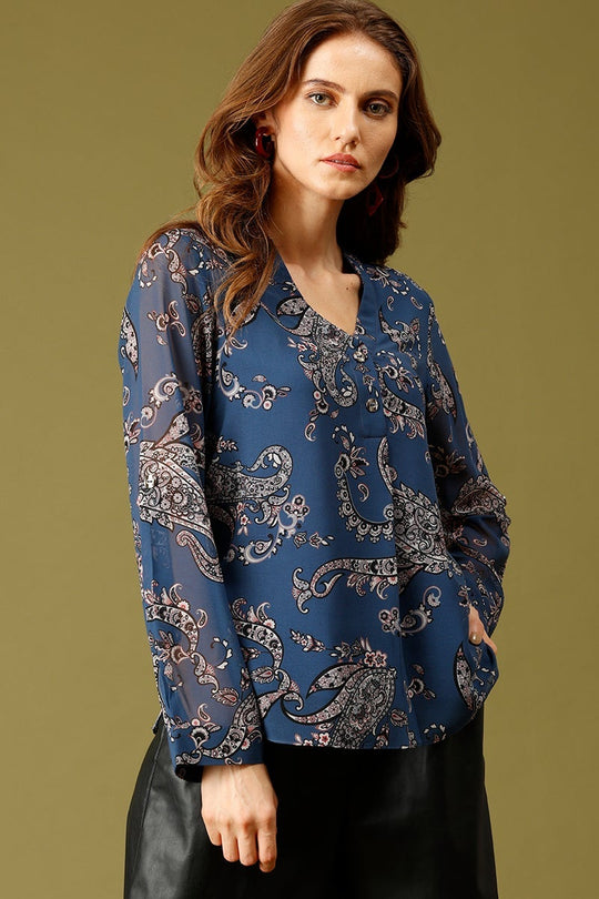 Blue Medium Length Mandarin Collar Long Sleeves Printed Georgette Tunic