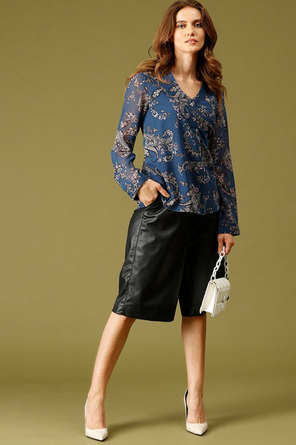 Blue Medium Length Mandarin Collar Long Sleeves Printed Georgette Tunic