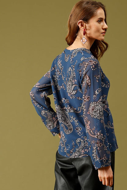 Blue Medium Length Mandarin Collar Long Sleeves Printed Georgette Tunic