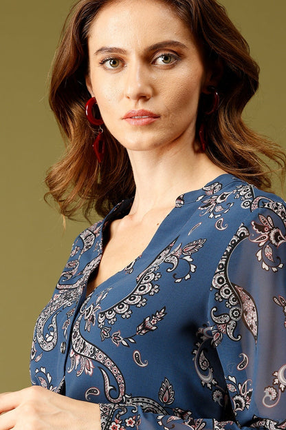 Blue Medium Length Mandarin Collar Long Sleeves Printed Georgette Tunic